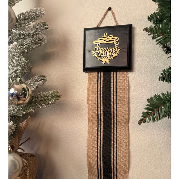 Seasons Greetings Holiday Card Holder Black Wooden Topper Brown Burlap Ribbon - Picture 2 of 5